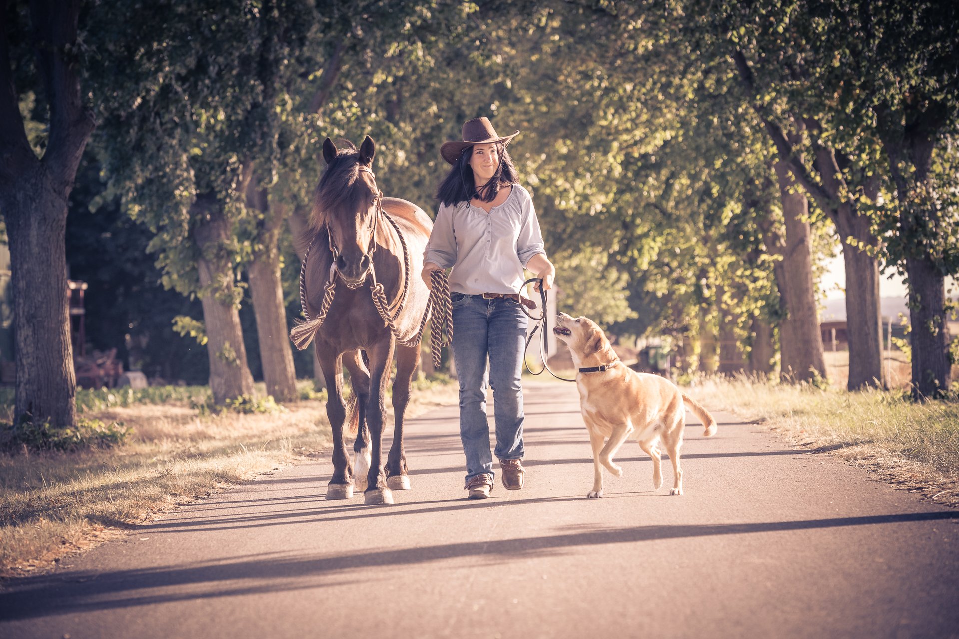 Bettina Schmitz mit Pferd und Hund auf einer Allee